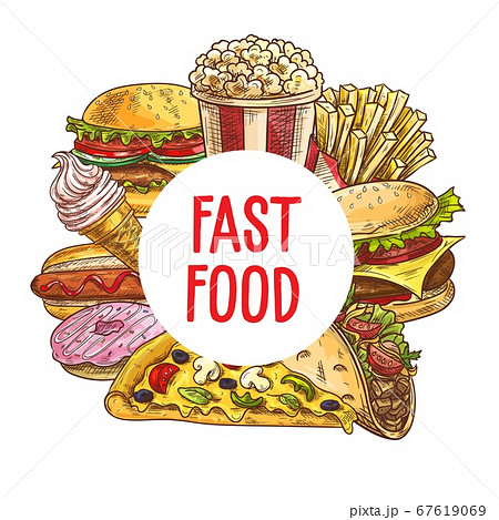 Fast food pizza, burgers, desserts vector sketch 67619069