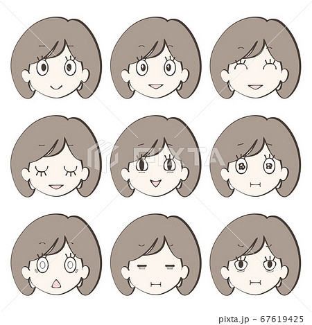 色々な表情をした女性の顔アイコンセット 茶髪ショートボブ のイラスト素材
