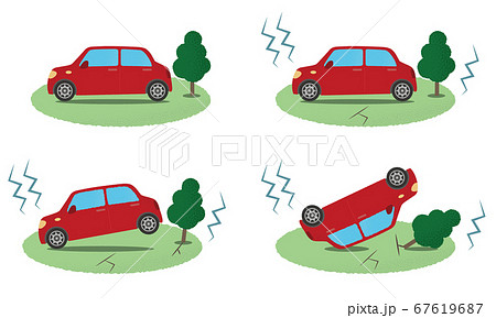 地震の被害に遭う赤い自動車のベクターイラストセット 地震の被害に遭う赤い自動車のベクターイラストセット 67619687