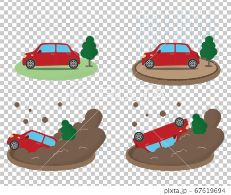 土砂災害に遭う赤い自動車のベクターイラストセット 67619694
