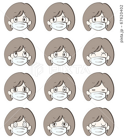 色々な表情をした女性の顔アイコンセット マスクver 茶髪ショートボブ のイラスト素材