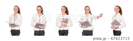 Red hair girl holding paper isolated on white Red hair girl holding paper isolated on white 67623715