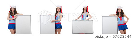 Young woman with blank board on white Young woman with blank board on white 67625544