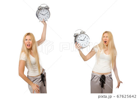 Woman with clock isolated on white 67625642
