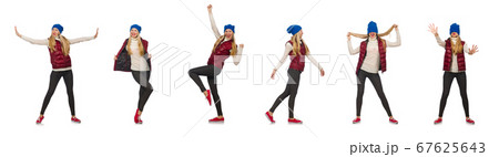 Blond hair girl in bordo vest isolated on white 67625643