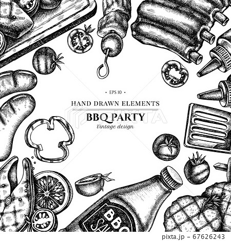 Design with black and white spatula, Pork ribs, kebab, sausages, steak, sauce bottles, grilled burger patties, grilled tomato, grilled salmon steak, grilled bell pepper 67626243