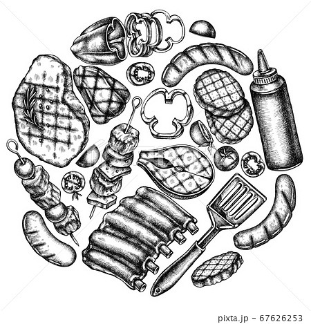 Round design with black and white spatula, Pork ribs, kebab, sausages, steak, sauce bottles, grilled burger patties, grilled tomato, grilled salmon steak, grilled bell pepper 67626253