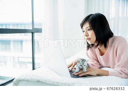 可愛い女性が明るいベッドルームで仔猫と遊びながらパソコンを使う 67626332