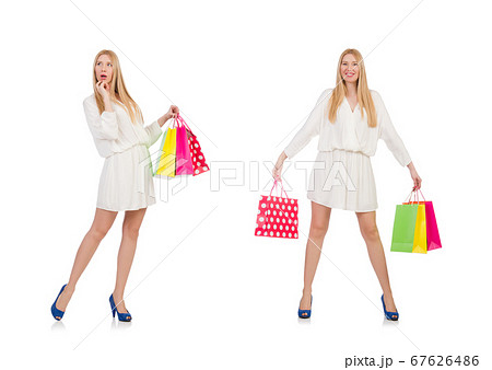 Woman after shopping isolated on white 67626486