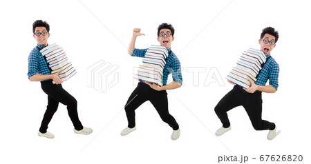 Funny student with books on white 67626820