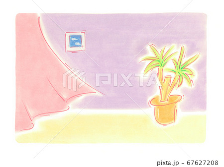 揺れるカーテンの部屋に 壁掛けの絵と観葉植物がたたずむのイラスト素材