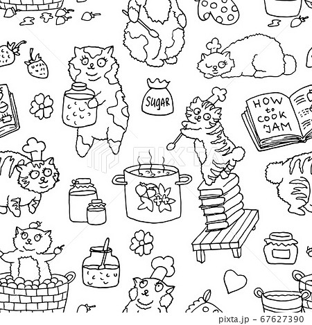 Seamless vector pattern with line art bobtail cats cooking jam with kitchen objects. Cute hand drawn illustration, black and white drawings with funny animals on white background. Seamless vector pattern with line art bobtail cats cooking jam with kitchen objects. Cute hand drawn illustration, black and white drawings with funny animals on white background. 67627390