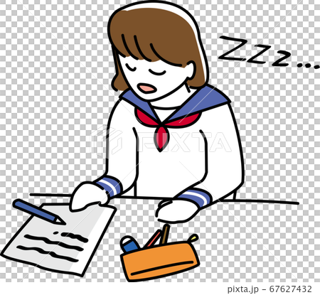 勉強中に居眠りをする女子学生のイラスト素材