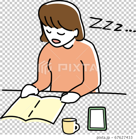 読書中に居眠りをする女性 67627433