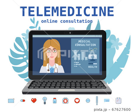 Telemedicine laptop concept characters doctor consultation diagnosis by internet. Online doctor service. Vector illustration isolated Telemedicine laptop concept characters doctor consultation diagnosis by internet. Online doctor service. Vector illustration isolated 67627600