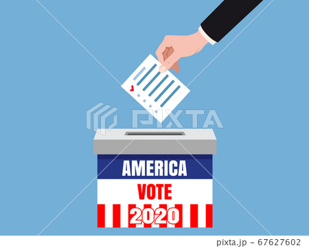 The US presidential election 2020. Hand putting voting blancs papers in vote box, ballot campaign. Vector isolated illustration The US presidential election 2020. Hand putting voting blancs papers in vote box, ballot campaign. Vector isolated illustration 67627602
