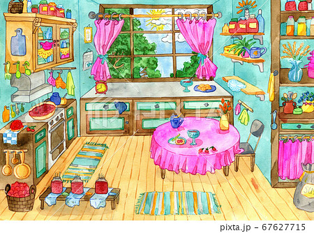 Old kitchen interior with big window, nobody, cookware and household cooking objects. Cute hand drawn illustration, funny scene creator, graphic vintage background, watercolor drawing Old kitchen interior with big window, nobody, cookware and household cooking objects. Cute hand drawn illustration, funny scene creator, graphic vintage background, watercolor drawing 67627715