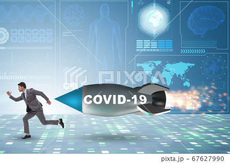 Concept of covid crisis with businessman chased by rocket Concept of covid crisis with businessman chased by rocket 67627990