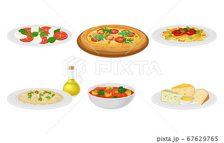 Italian Dishes with Pasta and Pizza Served on Plates Side View Vector Set Italian Dishes with Pasta and Pizza Served on Plates Side View Vector Set 67629765