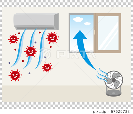 エアコンで部屋に広がるコロナウイルスとサーキュレーターによる換気の対策イメージのイラスト素材