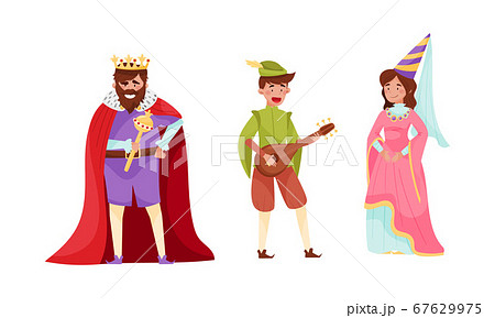 Medieval People King Wearing Mantle and Bard with Musical Instrument Vector Set 67629975