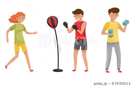 People Characters Reducing Stress by Different Activities like Boxing and Running Vector Illustrations Set 67630013