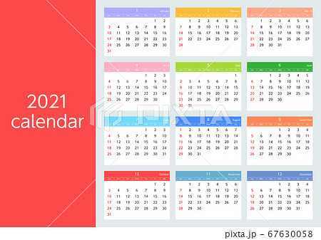 21年の日曜始まりカラフルカレンダーのイラスト素材