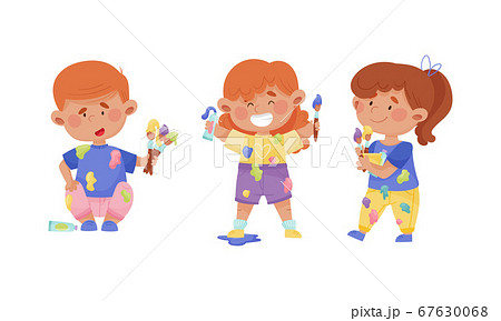 Playful Children in Stained Clothes Holding Paintbrushes and Paints Vector Illustrations Set Playful Children in Stained Clothes Holding Paintbrushes and Paints Vector Illustrations Set 67630068