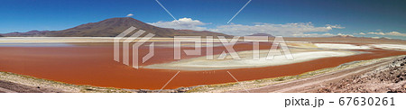 Red waters and flamingos at Colorada Lagoon - South of Bolivia. 67630261