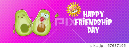 Happy friendship day cartoon comic horizontal banner with two funky avocado friends and cartoon sun isolated on violet background. Friendship day funky greeting card or party flyer. BFF concept 67637196