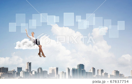 Elegant lady boss or accountant float on cloud and pointing with finger Elegant lady boss or accountant float on cloud and pointing with finger 67637754