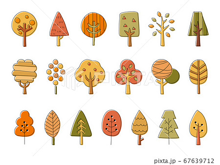 北欧風の秋の木のイラストのセット おしゃれ かわいい 森のイラスト素材