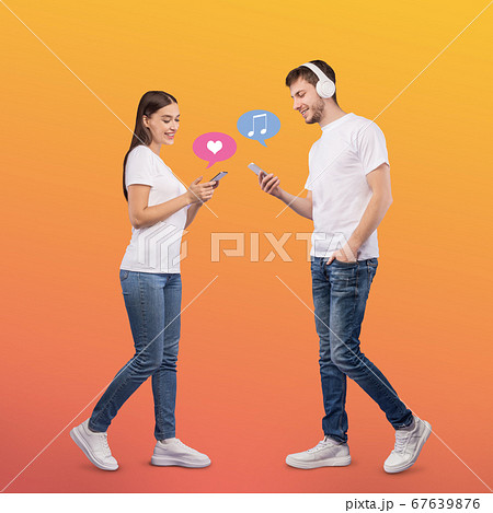 Young couple chatting using cell phones, creative collage 67639876