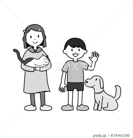 女の子と猫 男の子と犬 イラスト モノクロのイラスト素材