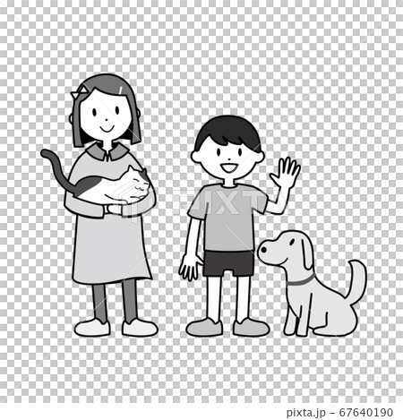 女の子と猫 男の子と犬 イラスト モノクロのイラスト素材