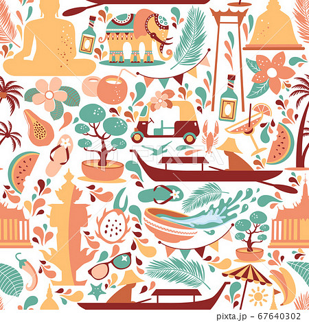 Asia Culture set of bruight icons in seamless pattern - Bangkok Thailand Vector Illustration on white background. Asia Culture set of bruight icons in seamless pattern - Bangkok Thailand Vector Illustration on white background. 67640302