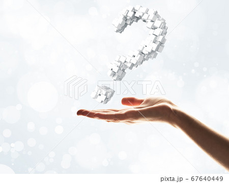 Answer all your questions concept presented by question sign in palm. Mixed media 67640449