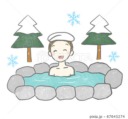 冬の温泉 雪と露天風呂を楽しむ女性イラストのイラスト素材