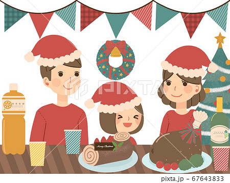 サンタの恰好をしてクリスマスパーティーをする家族のイラスト素材