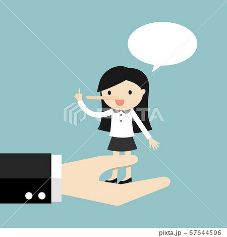 Business woman is standing on a big hand and lying Business woman is standing on a big hand and lying 67644596