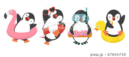 Penguins swim in inflatable ring set 67644739