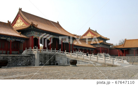 Forbidden City, Beijing, China. A traditional gate inside the Forbidden City. The Forbidden City has traditional Chinese architecture. The Forbidden City is also the Palace Museum, Beijing, China. 67647110
