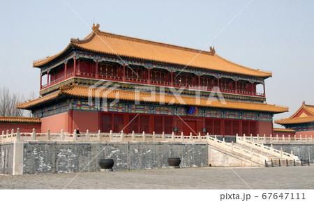 Forbidden City, Beijing, China. The sign says Hong Yi Ge: Pavilion of Spreading Righteousness. The Forbidden City has traditional Chinese architecture. The Forbidden City is the Palace Museum, Beijing 67647111