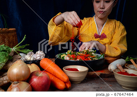 Asian women wearing Korean traditional costumes 67647464