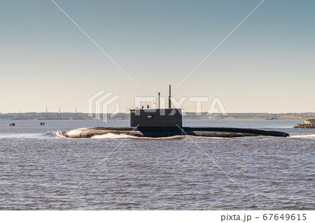 The diesel submarine project 877 Black hole passes near Kronstadt during the rehearsal of the naval parade. July 17, 2020. The diesel submarine project 877 Black hole passes near Kronstadt during the rehearsal of the naval parade. July 17, 2020. 67649615