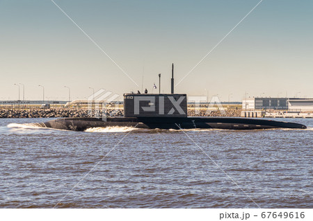 The diesel submarine project 877 Black hole passes near Kronstadt during the rehearsal of the naval parade. July 17, 2020. 67649616