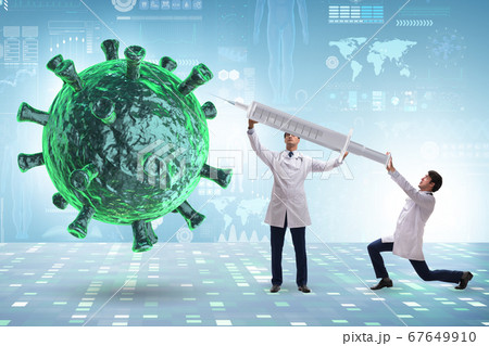Coronavirus covid-19 vaccine concept with doctors and syringe 67649910
