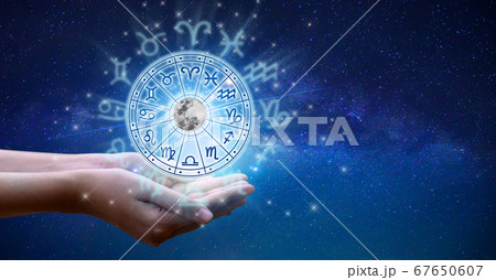 Zodiac signs inside of horoscope circle. Astrology in the sky with many stars and moons astrology and horoscopes concept Zodiac signs inside of horoscope circle. Astrology in the sky with many stars and moons astrology and horoscopes concept 67650607