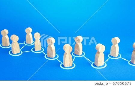 Chain of connected people. Cooperation, collaboration. Communication. Chain reaction, spread of information and rumors exchange. Partnership, unity, assistance. Interaction of persons. 67650675