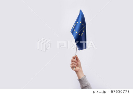 Flag of the European Union in childs hand on white Flag of the European Union in childs hand on white 67650773
